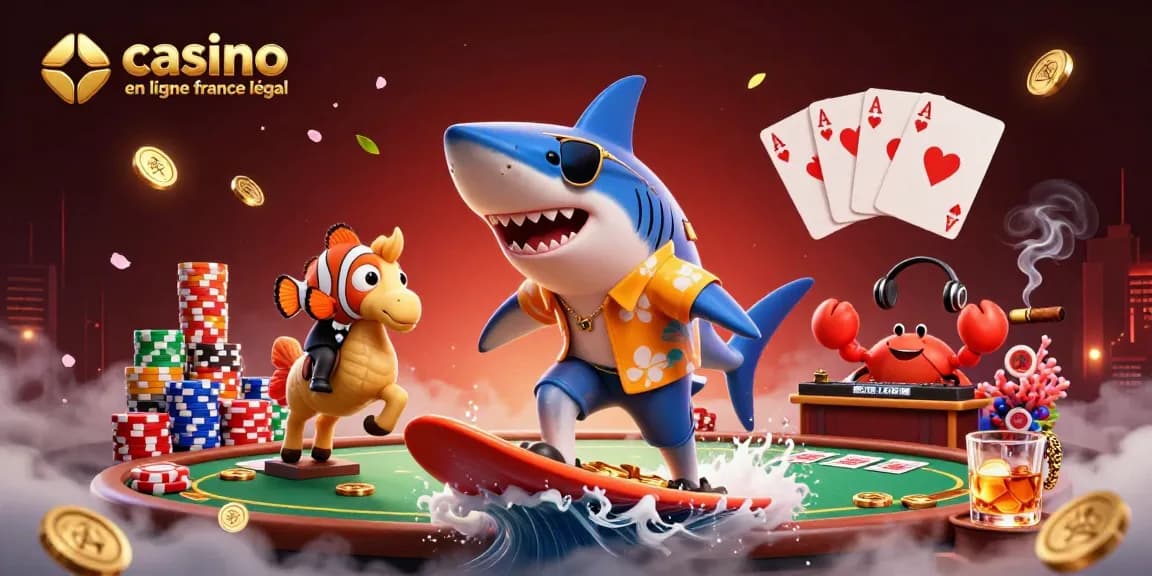 Vivez l'excitation au casino en ligne France légal avec un requin surfant sur des pièces d'or et des éléments de casino vibrants.