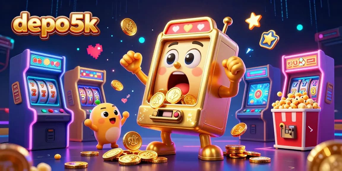 Watch the depo 5k celebration as a golden slot machine hits the jackpot with coins pouring out