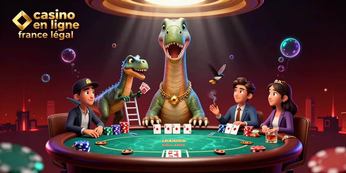 Une scène de casino en ligne France légal captivante avec un brontosaurus et un croupier raptor de cartes.