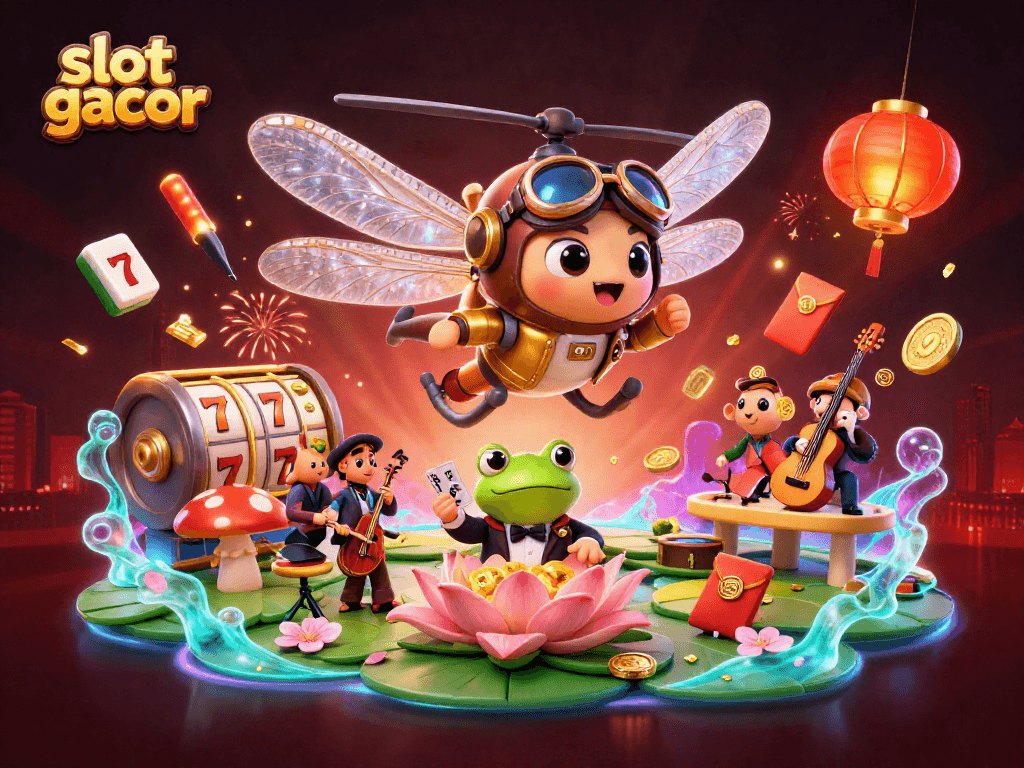 Engage in slot gacor action with lively characters amidst vibrant casino elements.