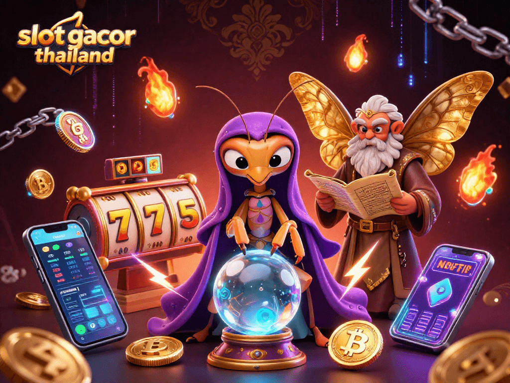 Engage in slot gacor thailand with a mystical scene featuring fortune tellers, coins, and vibrant casino elements.