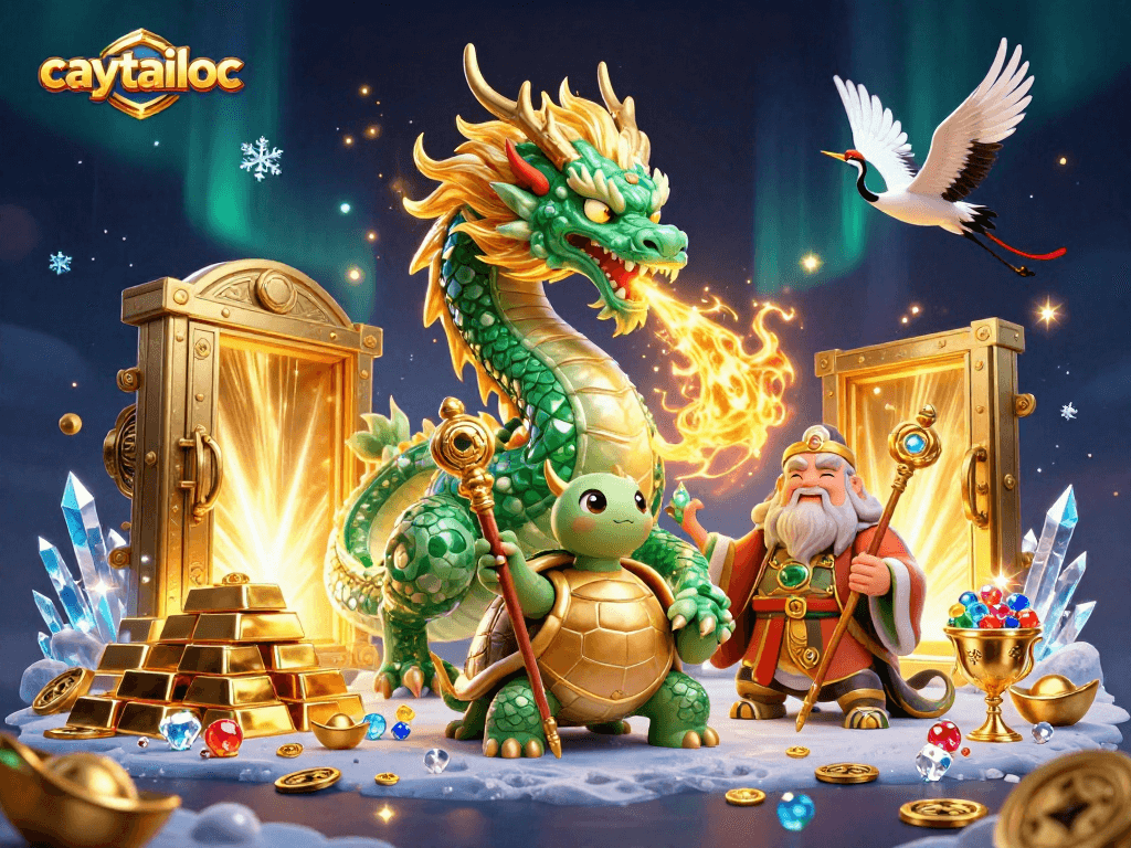 Caytailoc showcases dynamic gameplay with a jade dragon, lucky cranes, and treasure in an animated 3D scene.