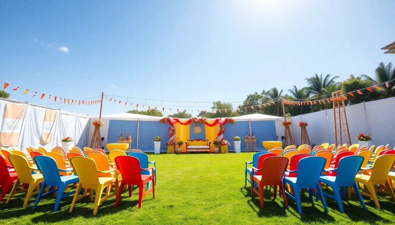 Explore stylish chair rentals in a vibrant outdoor event setting with bright colors.