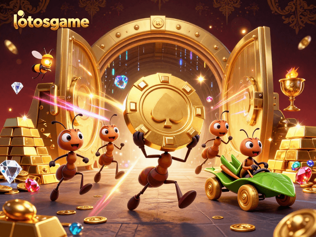 Lotosgame showcases an adventurous heist scene with ants carrying a golden poker chip, emphasizing fun and strategy.