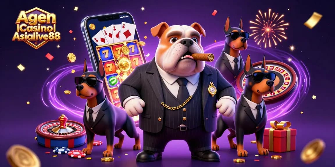 Agen Casino Asialive88 showcases a vibrant casino scene with a mafia bulldog boss and dynamic game elements.