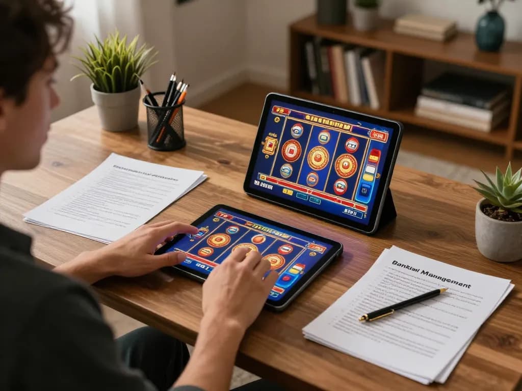 Winstrike69 player enjoying online slots on tablet with strategic notes nearby.