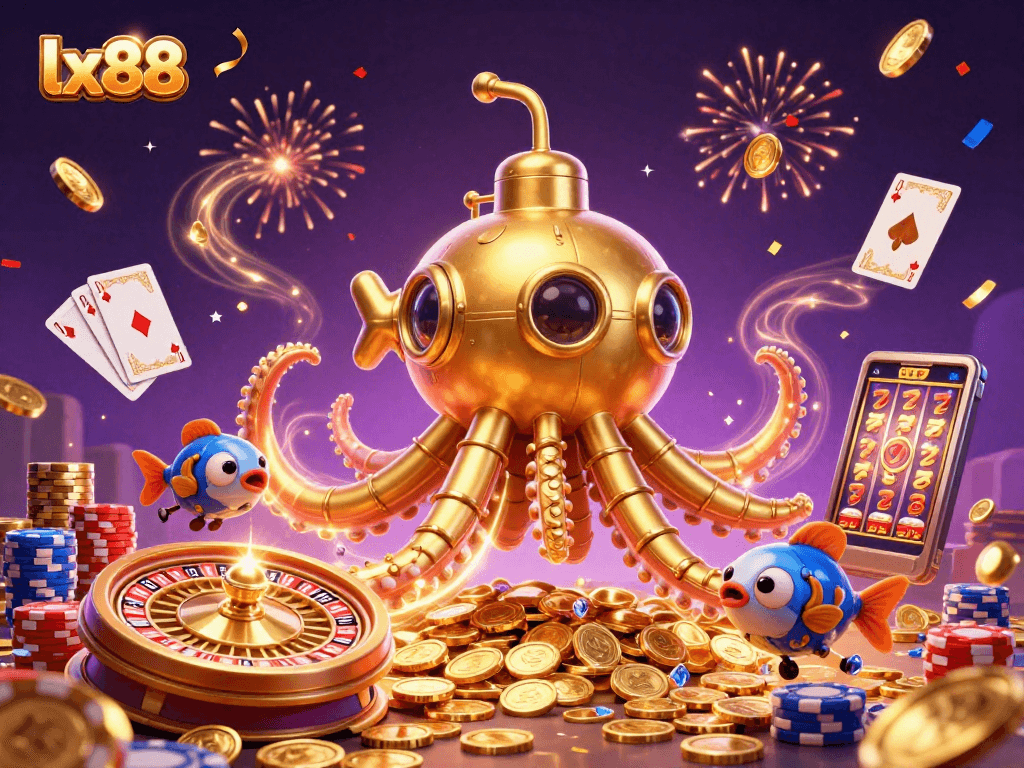 Experience thrilling gameplay at lx88 with a vibrant 3D scene featuring a kraken submarine and casino elements