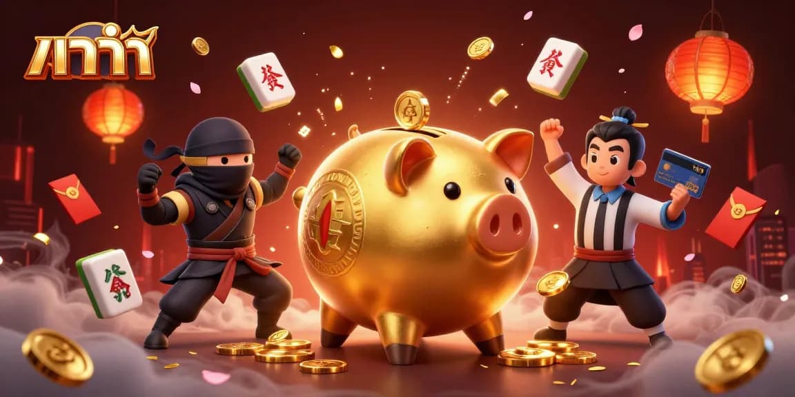 Experience the excitement of บาคาร่า with a dynamic scene featuring a golden piggy bank sumo wrestler and gaming elements.