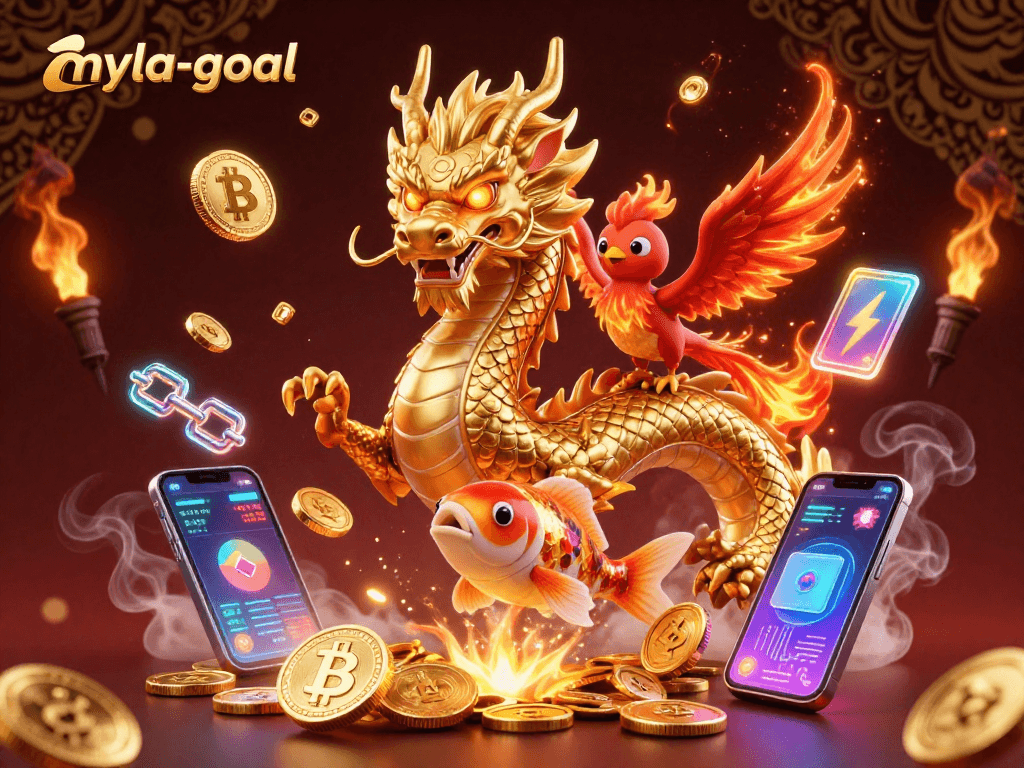 Engage in myla-goal with this vibrant 3D illustration showcasing a dragon, phoenix, and koi fish amid crypto elements.