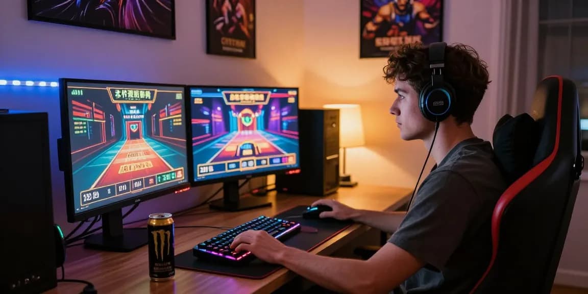 Engaged gamer using raja328 login on dual monitors in a cozy gaming setup