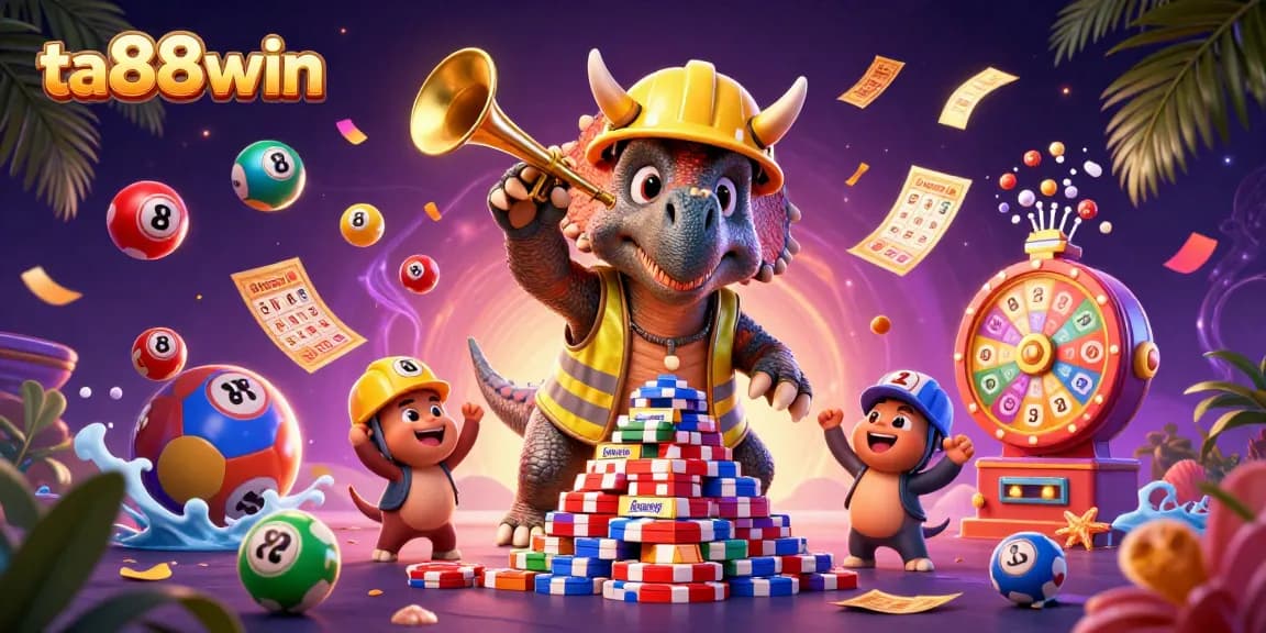 Experience ta88win excitement with a triceratops and friends celebrating in a lively casino scene.