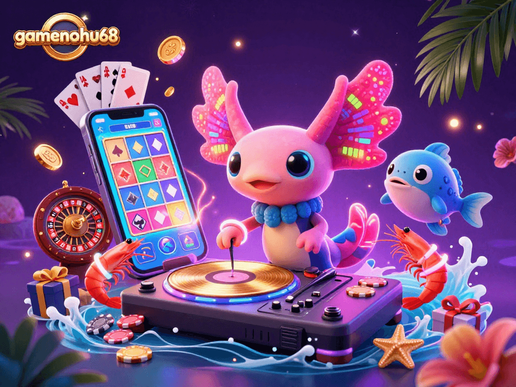 Experience the vibrant energy of gamenohu68 with a neon axolotl DJ and interactive casino games.