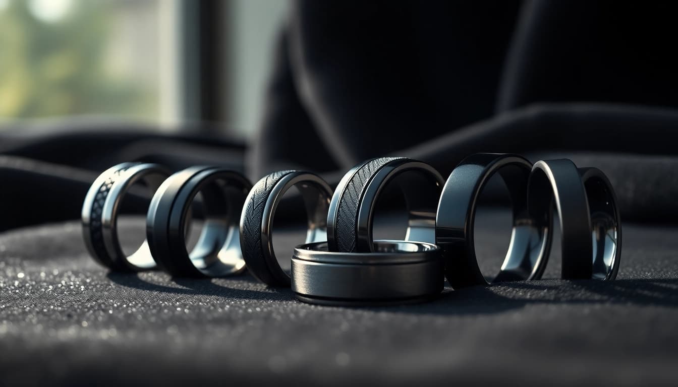 Showcase of elegant Black Wedding Rings for Men highlighting unique designs and textures.