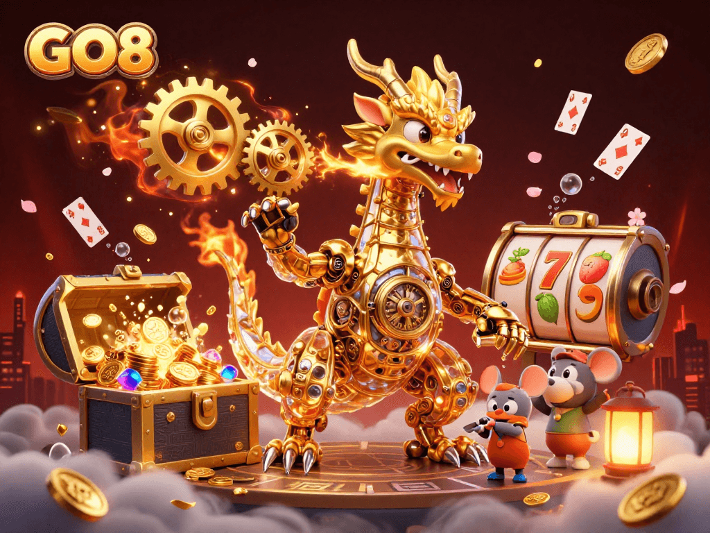 Engage in winning strategies at GO8, featuring a golden dragon amidst vibrant casino elements.
