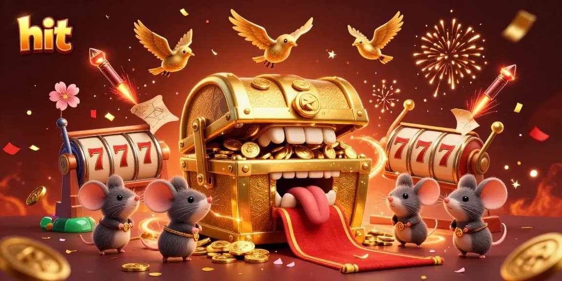 Engage in hit gaming excitement with a treasure chest, slot reels, and festive elements!