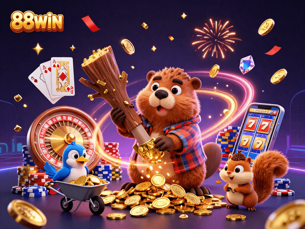 88WIN players engage in vibrant casino excitement, collecting winnings and enjoying immersive gameplay.