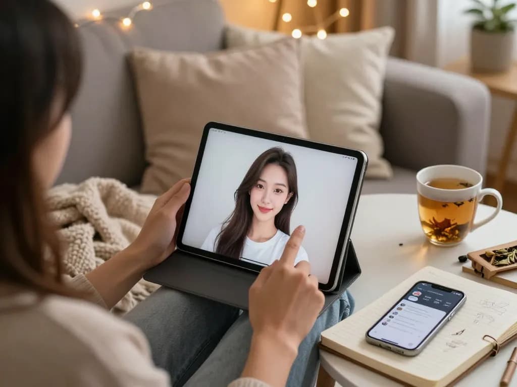 Engaging with an AI girlfriend on a sleek tablet in a cozy living room.