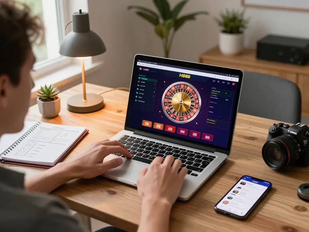 Player engaging in online gambling at HB88 using a laptop, showcasing roulette game interface and gaming notes.