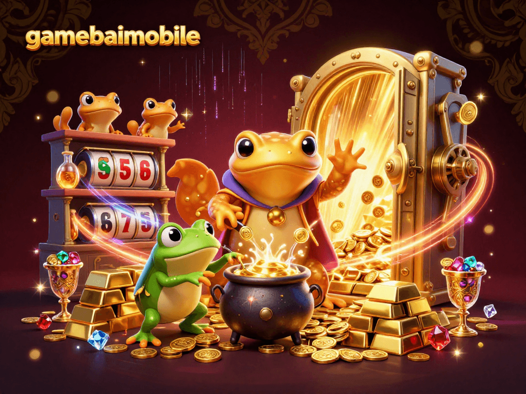 Gamebaimobile showcases a vibrant 3D scene with alchemists turning base metals into gold.