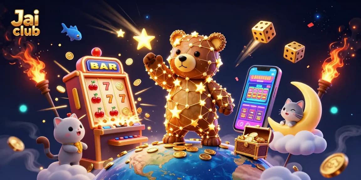 Engage in the excitement of Jai club with a cosmic bear, slot machines, and festive casino vibes.