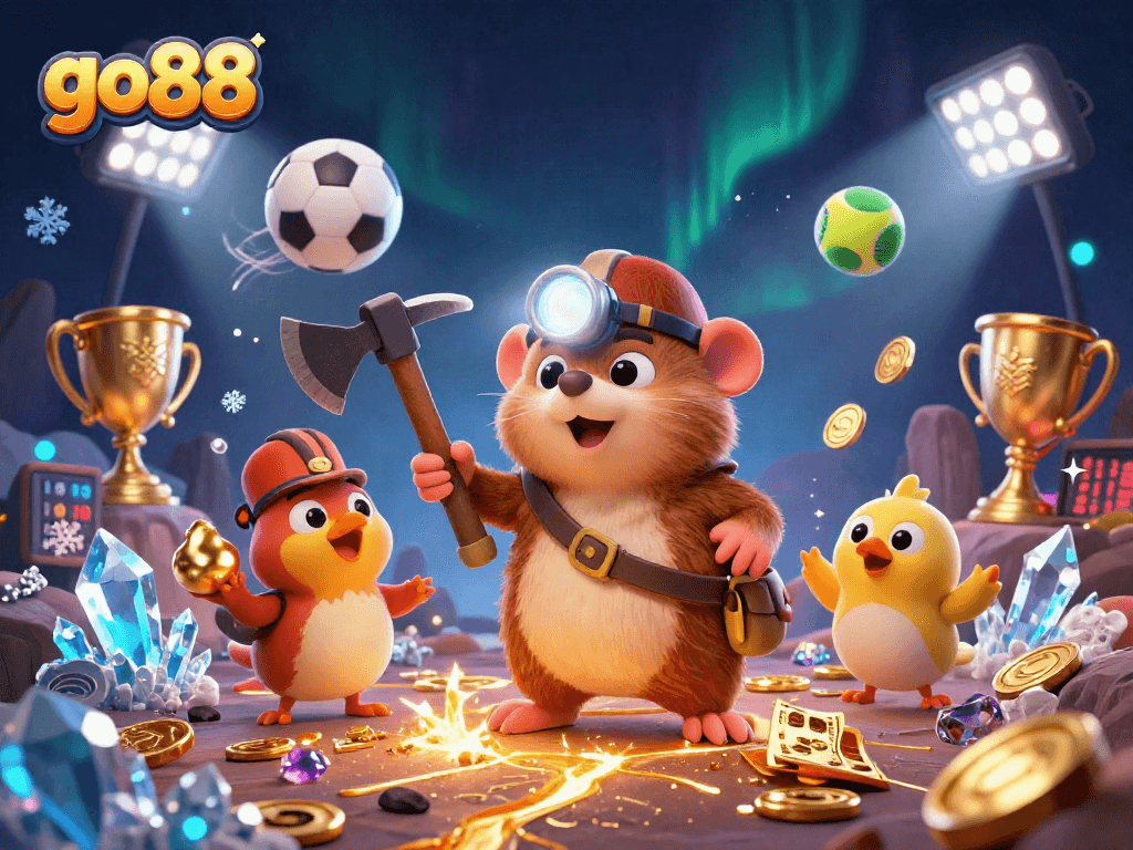 Join the go88 treasure hunt with a mole, canary, and vibrant casino elements.