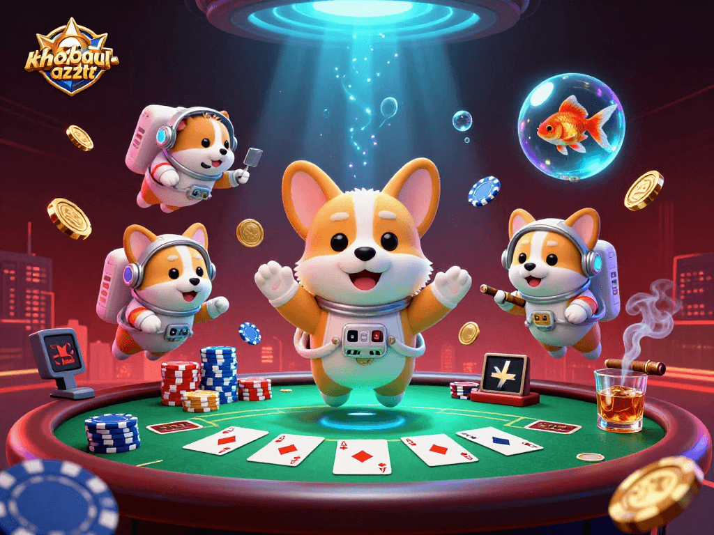 Experience thrilling moments with khobau-aztec in this vibrant casino scene featuring a dog, hamster, and goldfish.