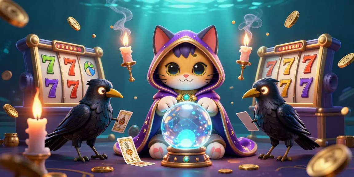 Winbox seeks fortune with a mystic cat and a tarot-dealing raven amid vibrant slot reels and gold coins.