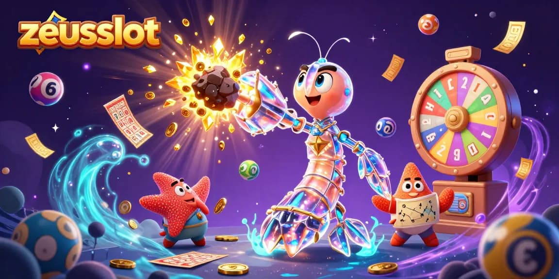 Spin to win with zeusslot, showcasing a vibrant 3D scene filled with casino excitement and treasures.