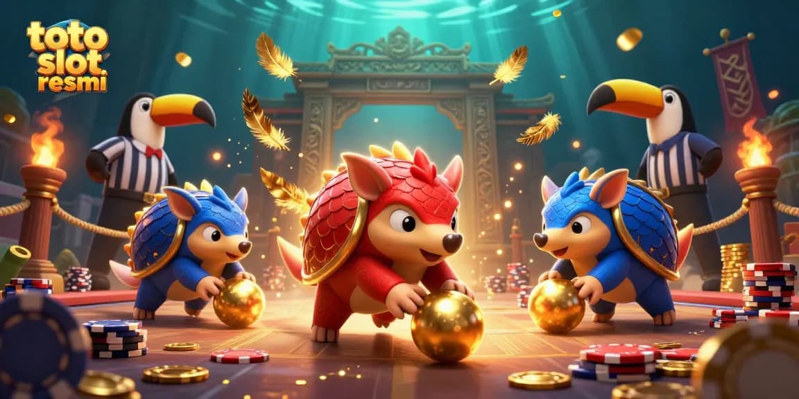 Spin and win at Toto Slot Resmi with rival pangolins competing in a vibrant casino environment.