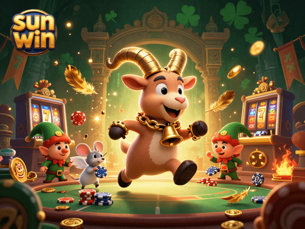 Experience thrilling gameplay with sun win, featuring a festive Krampus goat character in a dynamic holiday-horror casino scene.