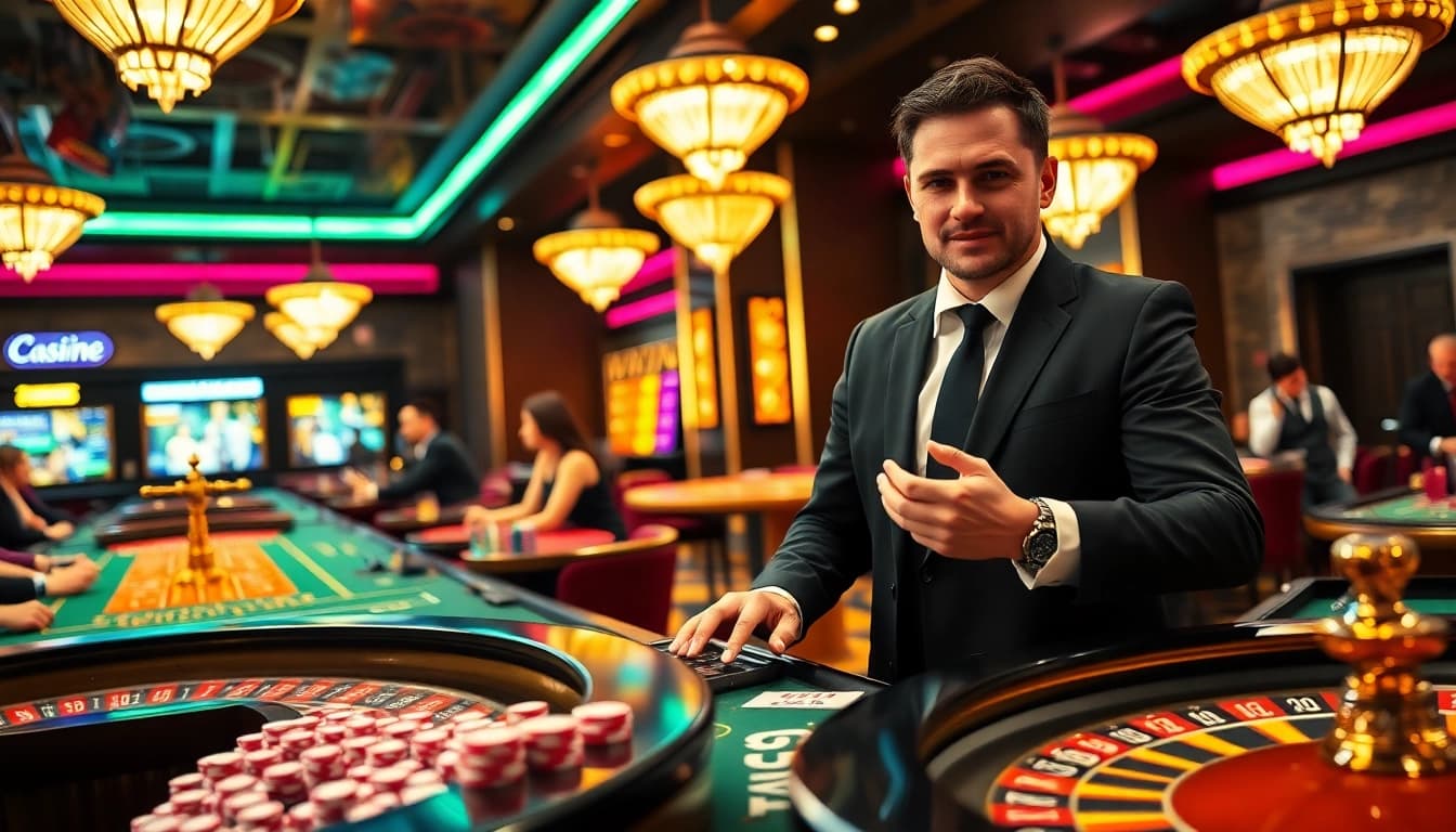 bbni4d dealer di kasino dengan suasana meriah dan perlengkapan permainan warna-warni.
