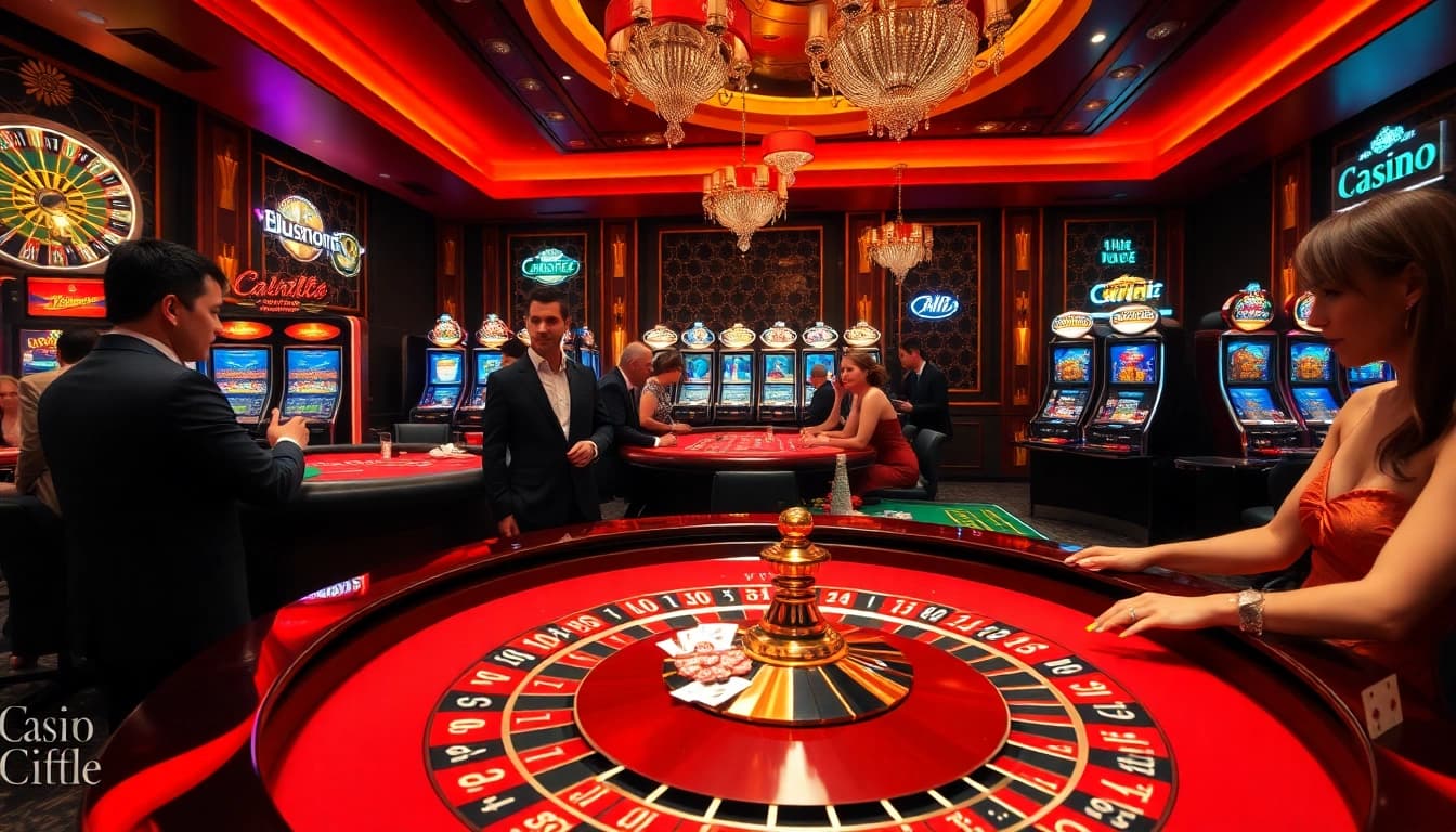 Vivez l'excitation du casino en ligne Français dans une salle de jeu luxueuse pleine d'excitation.