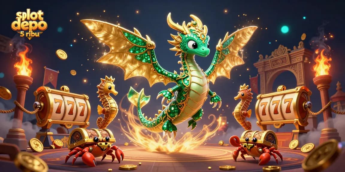 Experience thrilling wins with slot depo 5 ribu, a dynamic 3D casino scene featuring mythical elements and action.