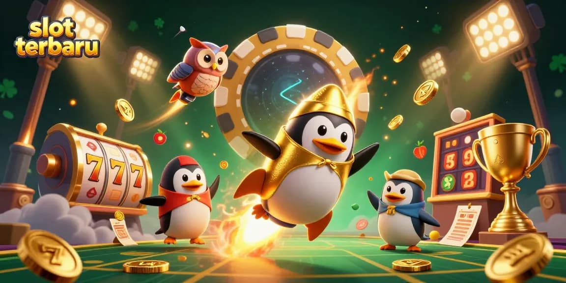 Experience thrilling slot terbaru action with our golden penguin soaring to a casino station in this vibrant 3D illustration.