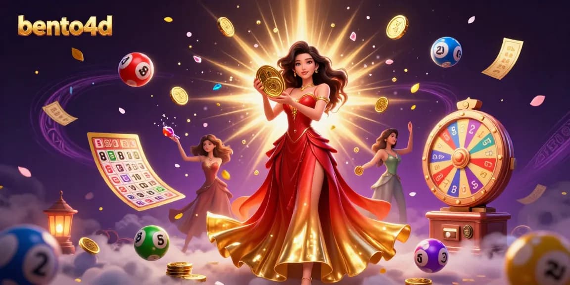 Rasakan kemenangan mendebarkan di bento4d dengan pemandangan cerah seorang wanita Asia yang memegang koin emas di tengah elemen lotere yang jatuh.