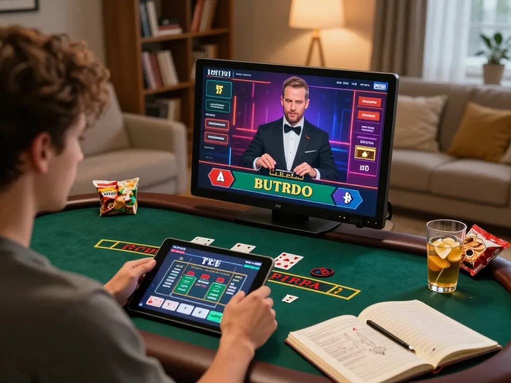 Player engaging with hi88s online blackjack on a tablet in cozy home setting, showing game interface.