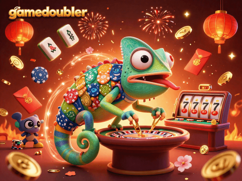 Join the gamedoubler experience with vibrant chameleon casino elements amidst a festive 3D scene.