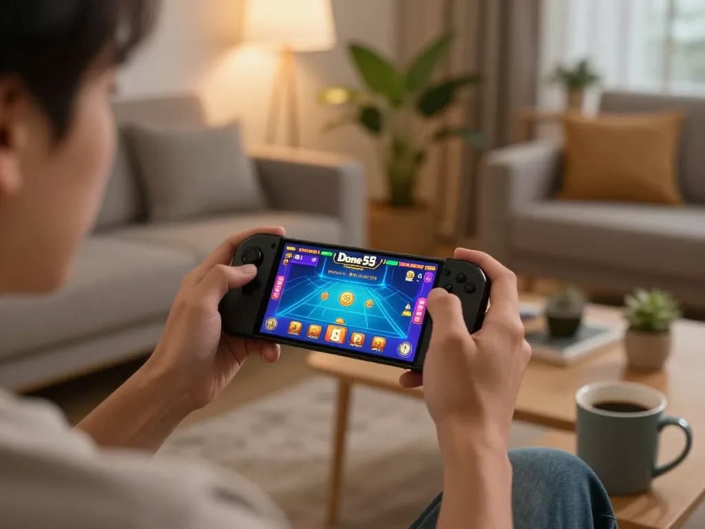 Engaged player enjoying the Done55 game on a smartphone in a cozy living room.