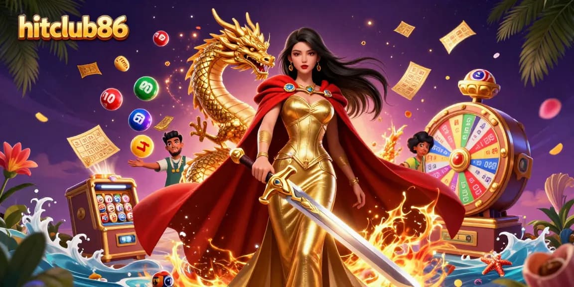 Win big with hitclub86 as a stunning warrior queen and golden dragon illuminate the thrilling casino scene.