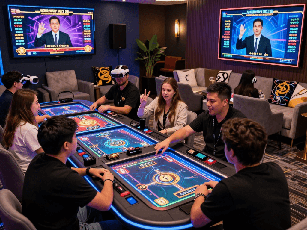 Exciting atmosphere at a crypto casino with players engaged in digital games.