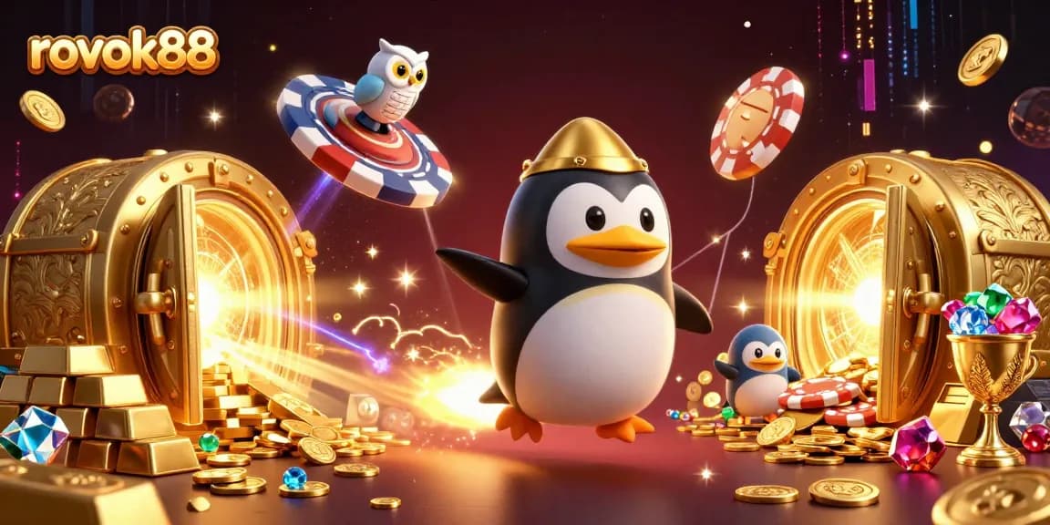 Experience the excitement of rokok88 with golden treasures and a dynamic penguin hero.