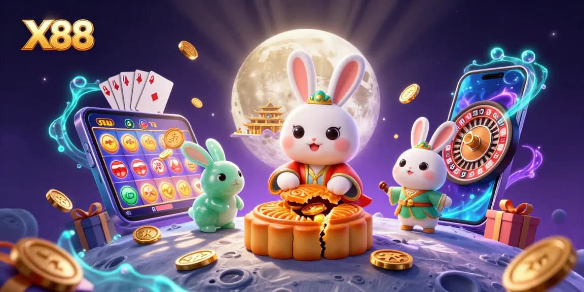 X88 delivers exciting gaming with colorful slot games, golden poker chips, and festive illustrations.