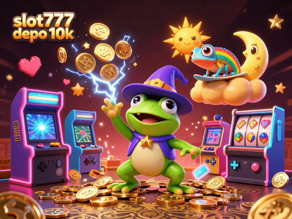 Engage with the vibrant world of slot777 depo 10k featuring lively characters amidst golden coins and slot reels.