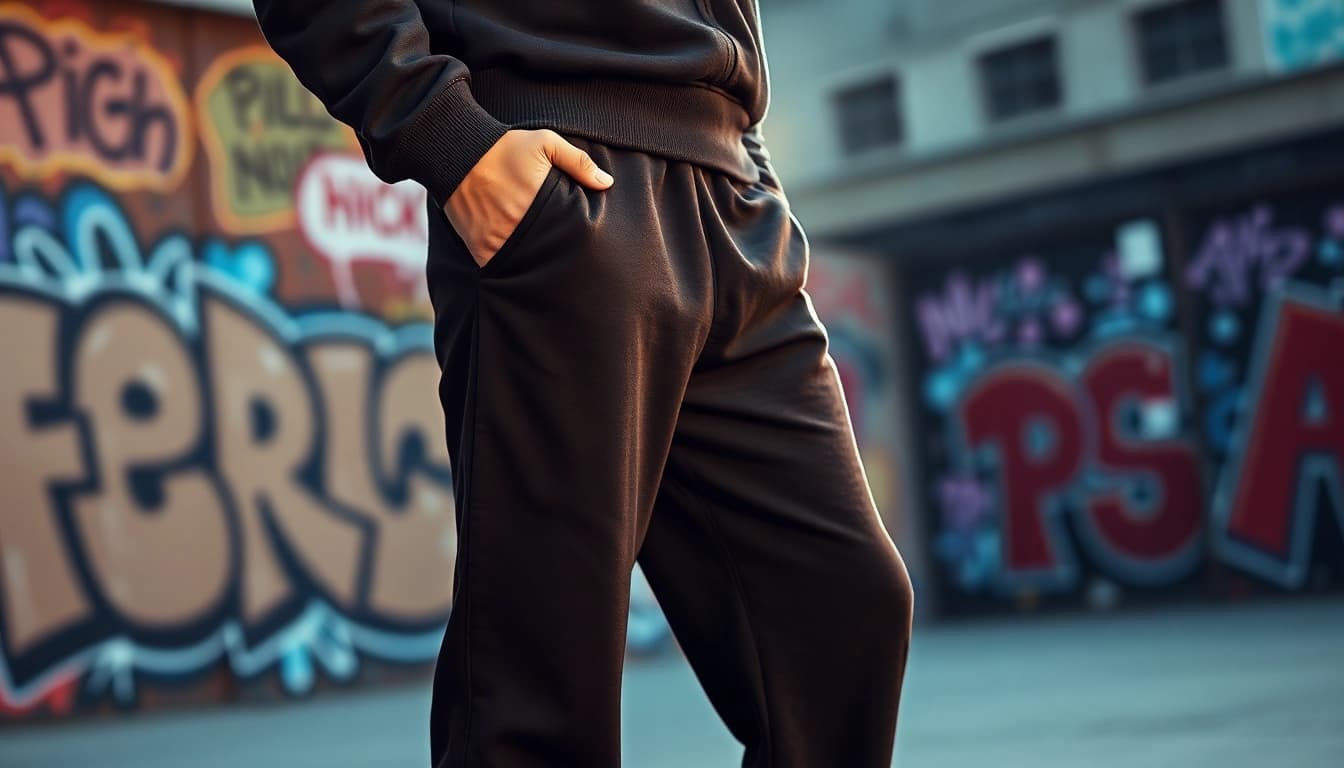 Model showcasing stylish black baggy sweatpants against urban graffiti background.
