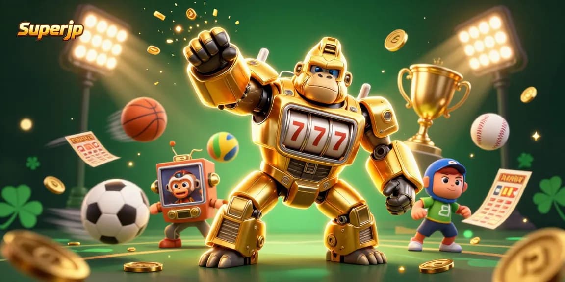 Engage in thrilling action with superjp's golden gorilla mech, showcasing vibrant sports elements.