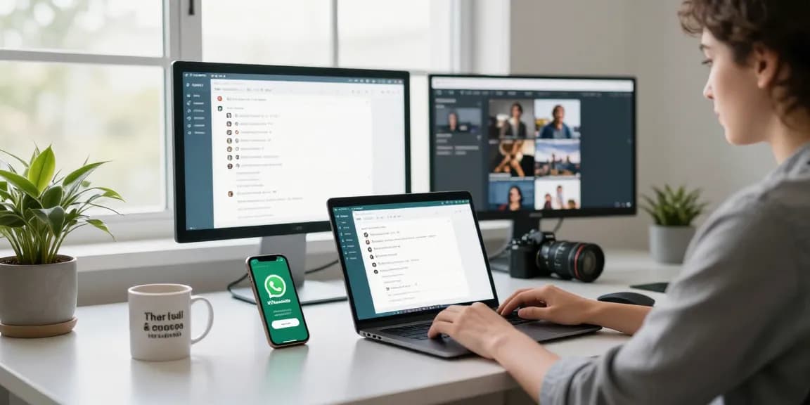 Using WhatsApp網頁版 on a sleek home office desk with multiple screens and a laptop setup.