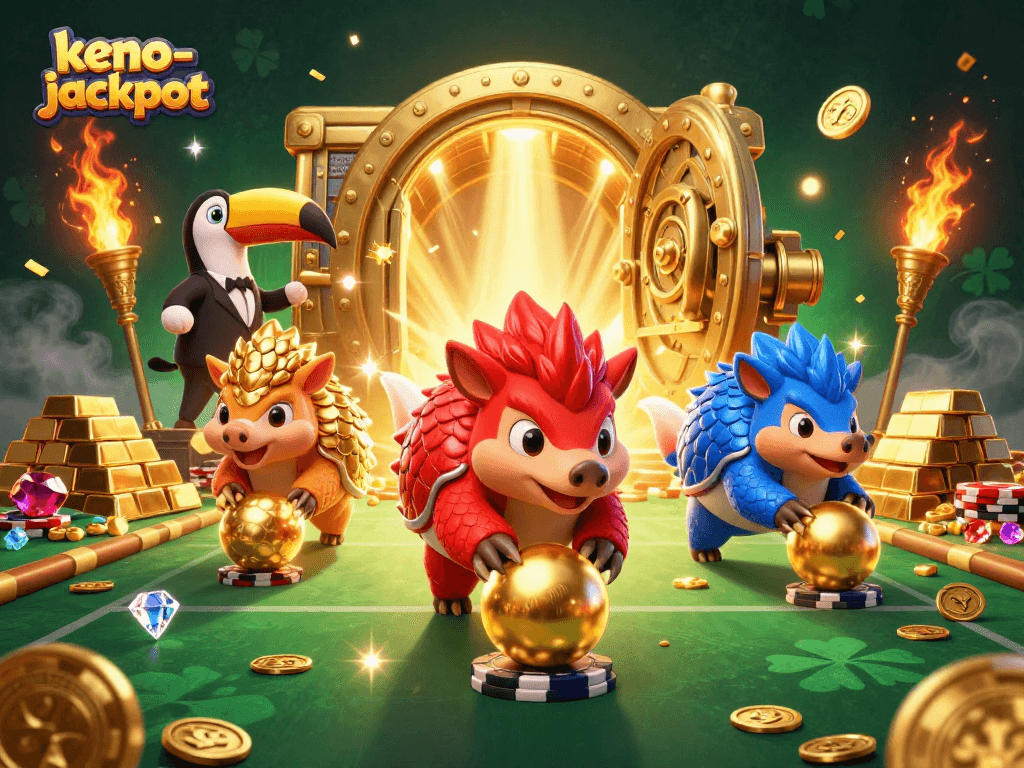 Bowling pangolins in keno-jackpot highlighting a vibrant casino scene with treasures and confetti.