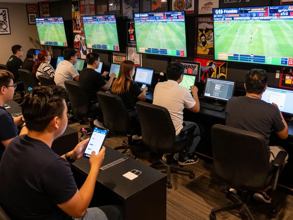 Engaging in exciting sports betting with Fun88 app in a vibrant lounge atmosphere