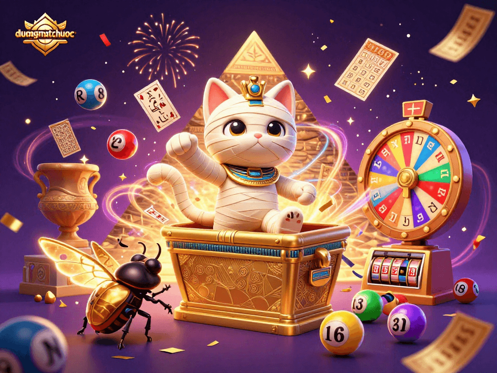 Engage with duongmatchuoc, spinning colorful lottery balls and a mystical pyramid casino scene featuring dynamic elements.