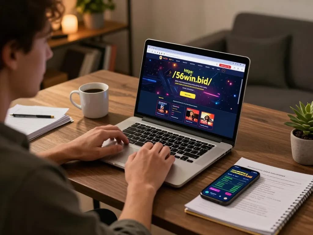 An engaged user playing on https://56win.bid/ with a laptop and mobile app, highlighting their casino gaming experience.
